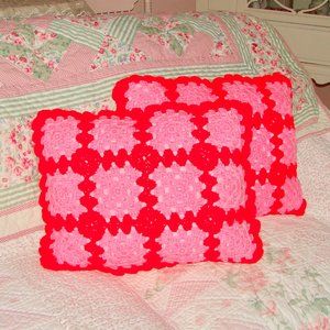 2 Vintage LIKE NEW, Hand Crocheted Granny Square Throw Pillows